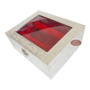 Silver Coloured Wooden Handmade Metal Finish Window 2 Roll Bangle Box-RED